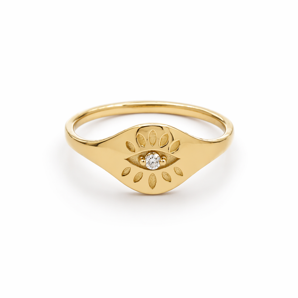 9k GOLD EVIL EYE DIAMOND SIGNET RING