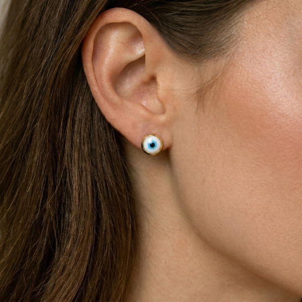 9K GOLD MOTHER OF PEARL EVIL EYE EARRINGS