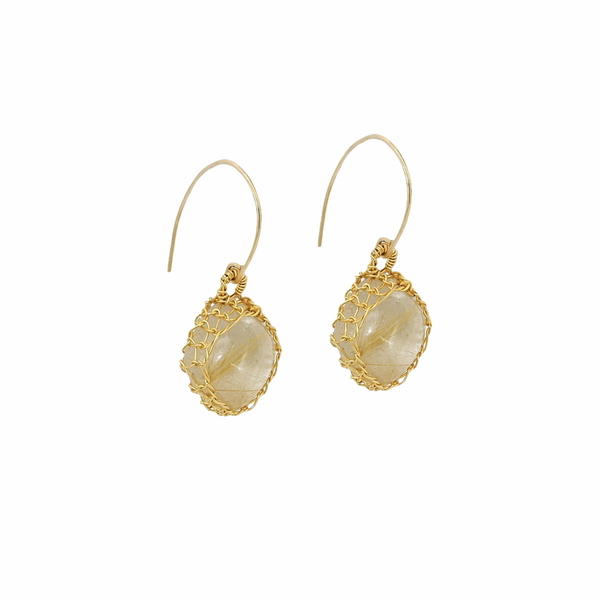 "NATI" GOLDEN RUTILATED Quartz NET DIAMOND EARRINGS