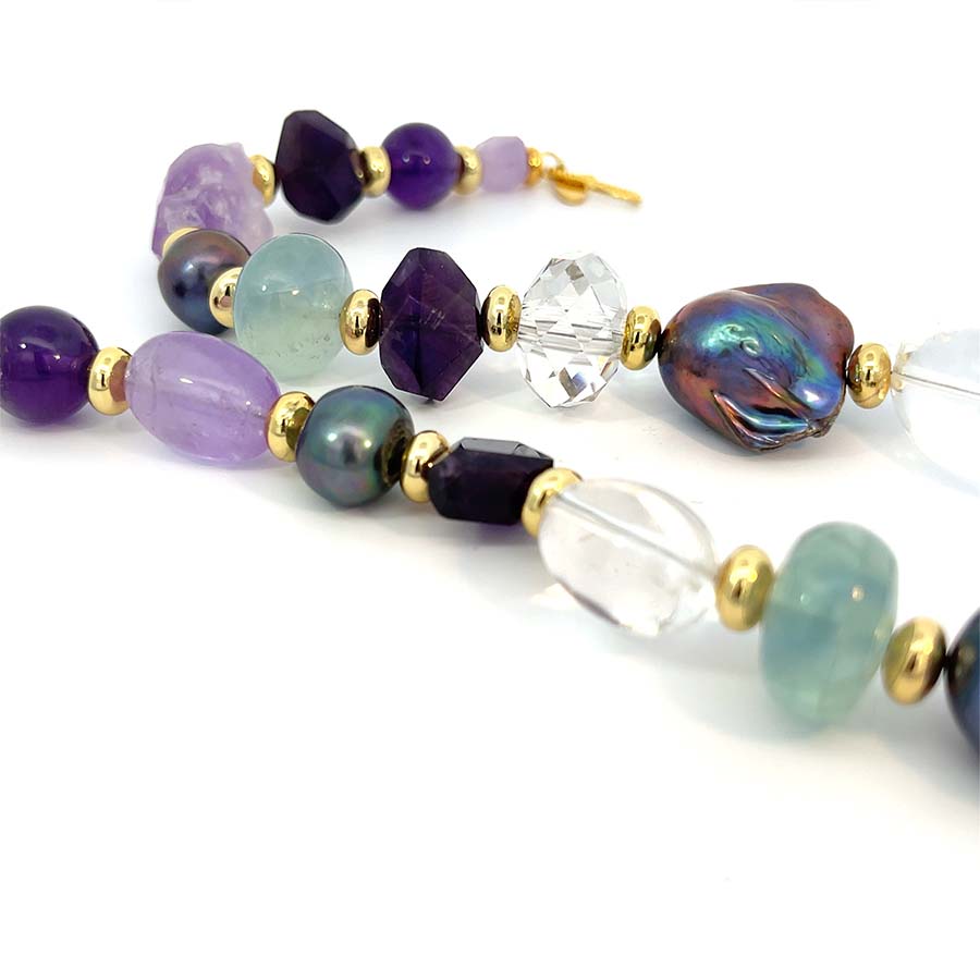 "Sleeping Beauty " Fresh Water and Baroque Pearl , Fluorite & Gemstones Necklace