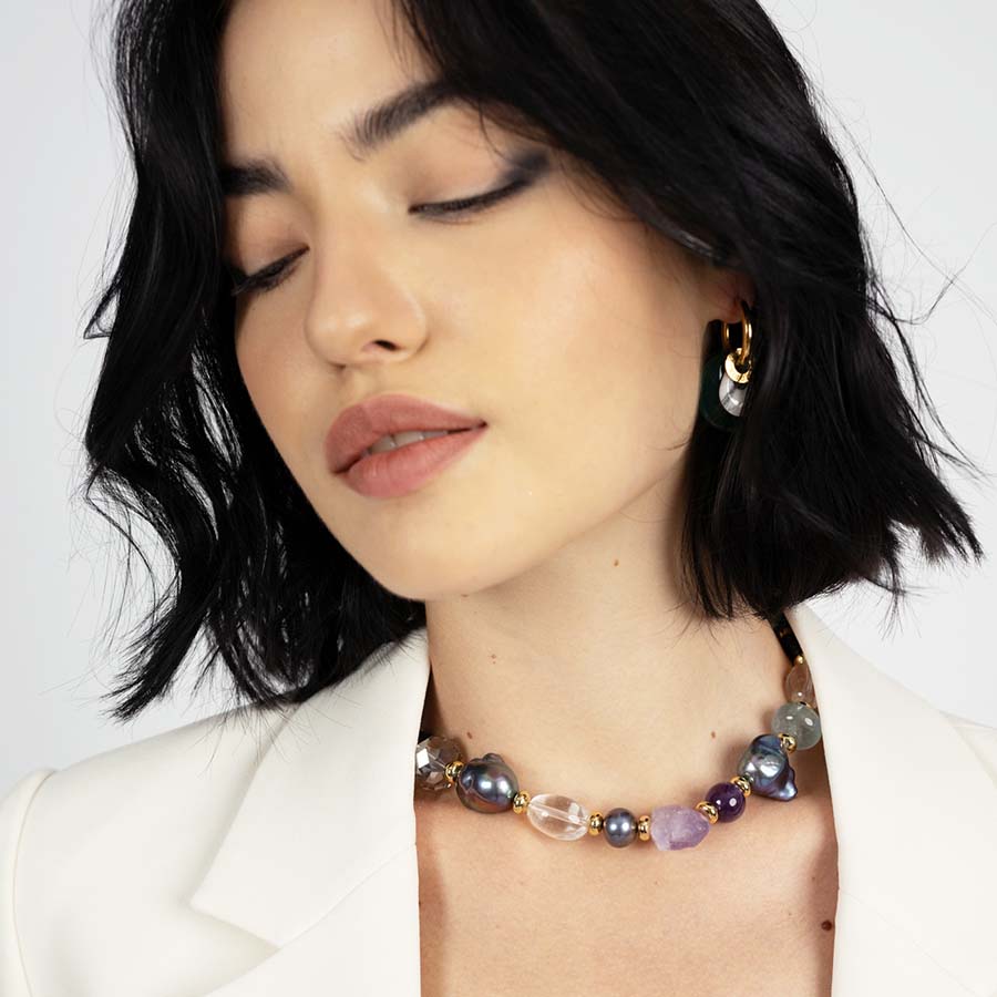 "Sleeping Beauty " Fresh Water and Baroque Pearl , Fluorite & Gemstones Necklace