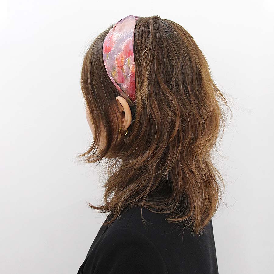 “Tulip” Pink Tulip Print Twisted Style Satin Silk Headband