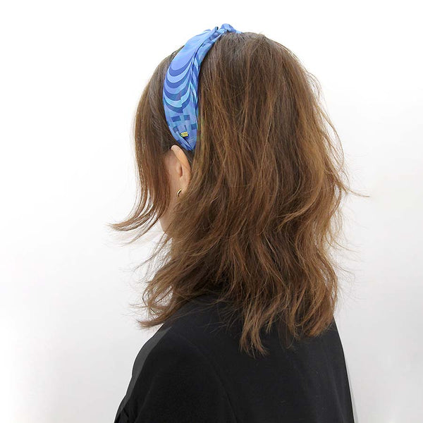 “Chroma-Blue” Blue Wavy Print Knotted Style Satin Silk Headband