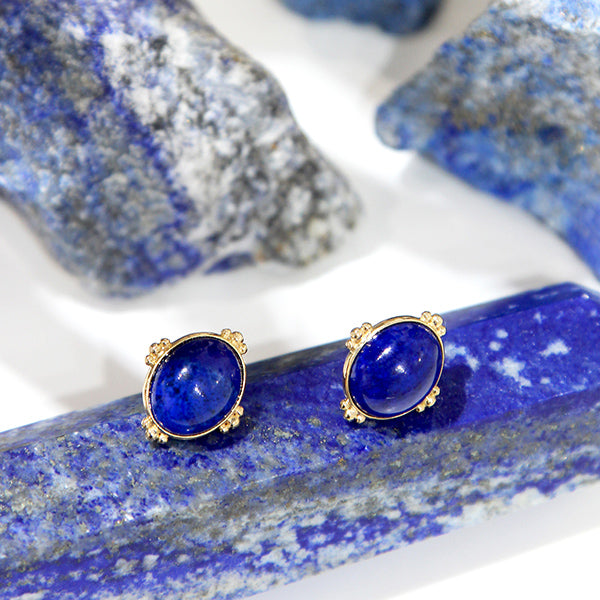 9K GOLD ROUND LAPIS LAZULI EARRINGS