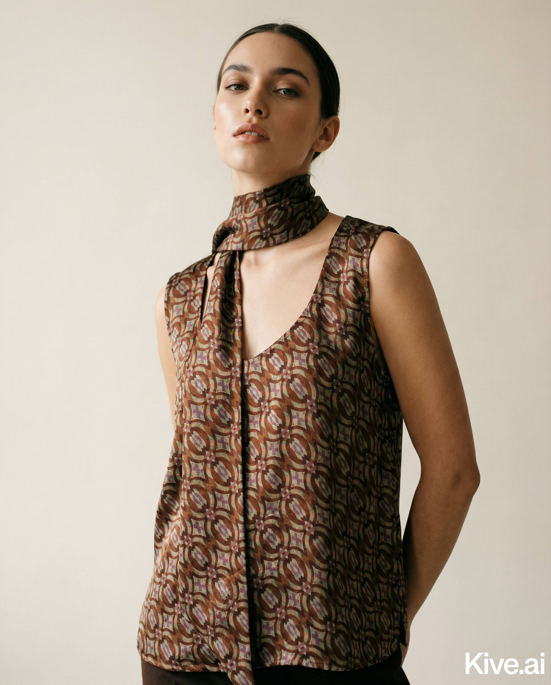 “Cadena” brown pattern Removable Collar Top