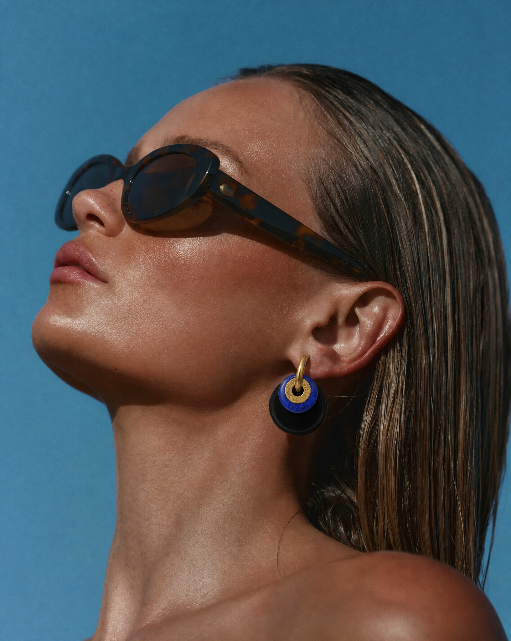 “CIAMBELLA” 2 STONES ONYX AND LAPIS LAZULI EARRINGS