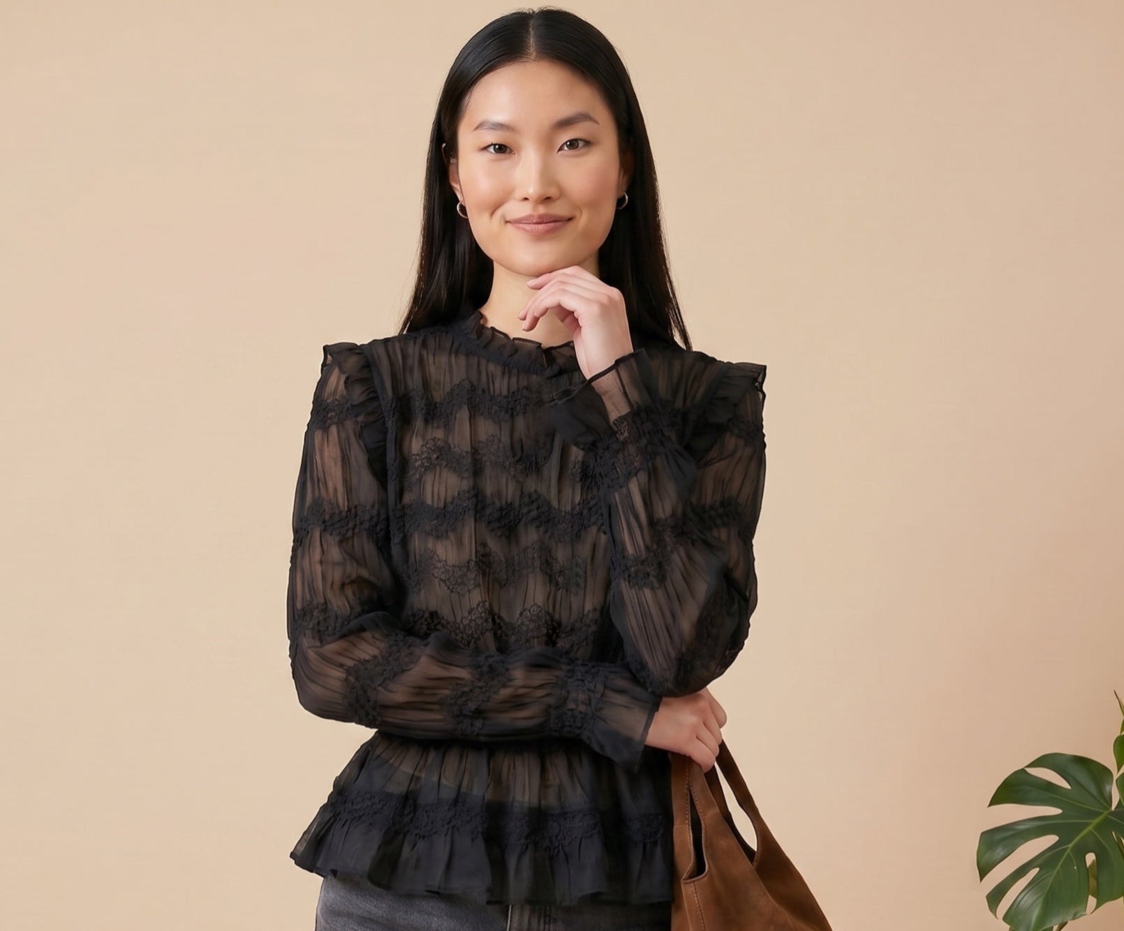 "Onyx black " long sleeve sheer blouse