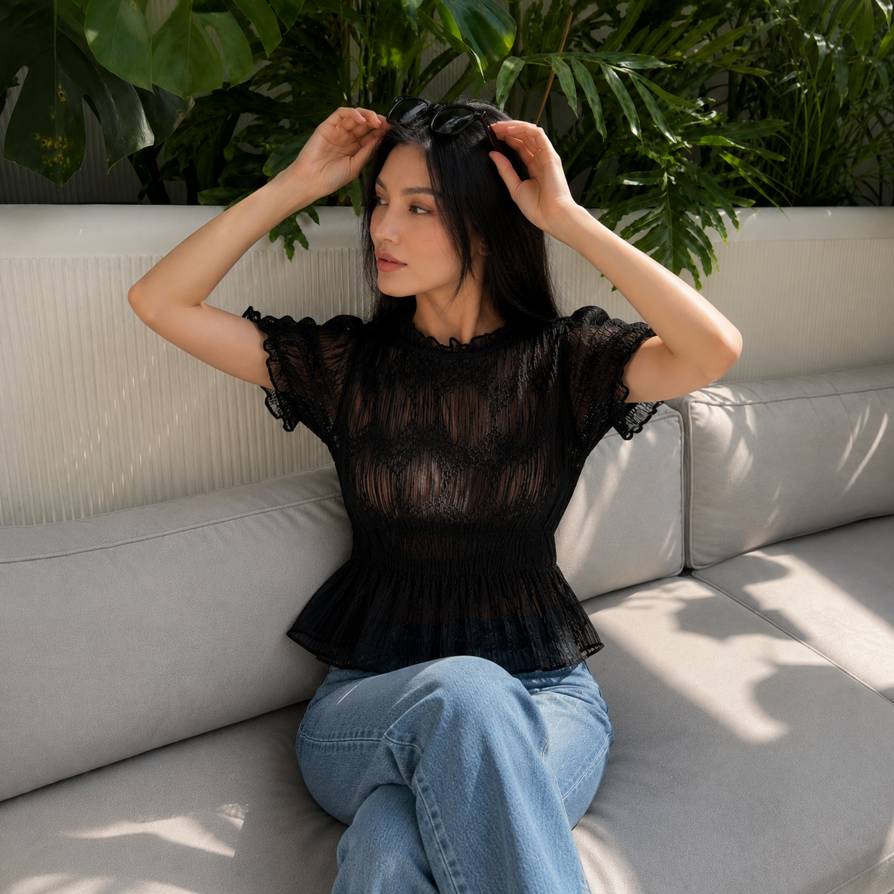 "Onyx Black " Short sleeve Sheer Blouse