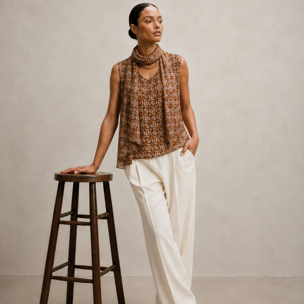 “Cadena” brown pattern Removable Collar Top