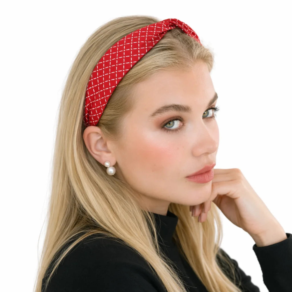 “Ivy” Red Dash-line Print Twisted Style Silk Headband