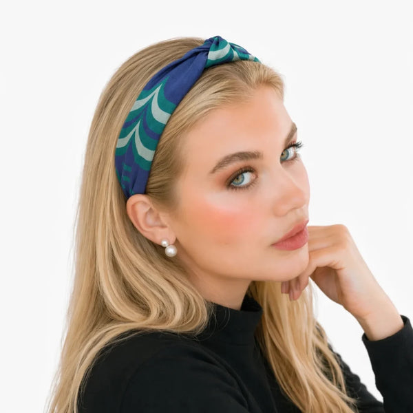 “Chroma-Navy” Tri-Color Wavy Knotted Style Satin Silk Headband