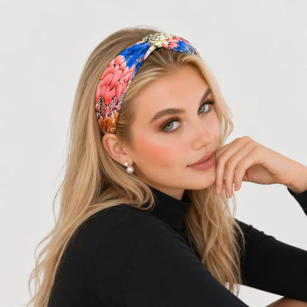 “Dahlia” Colorful Floral Pattern Twisted Style Silk Headband