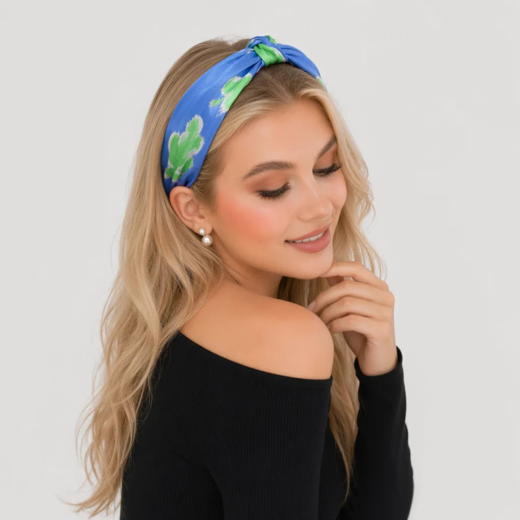 "Earthy" Sky Blue & Green Knot Style Silk Headband
