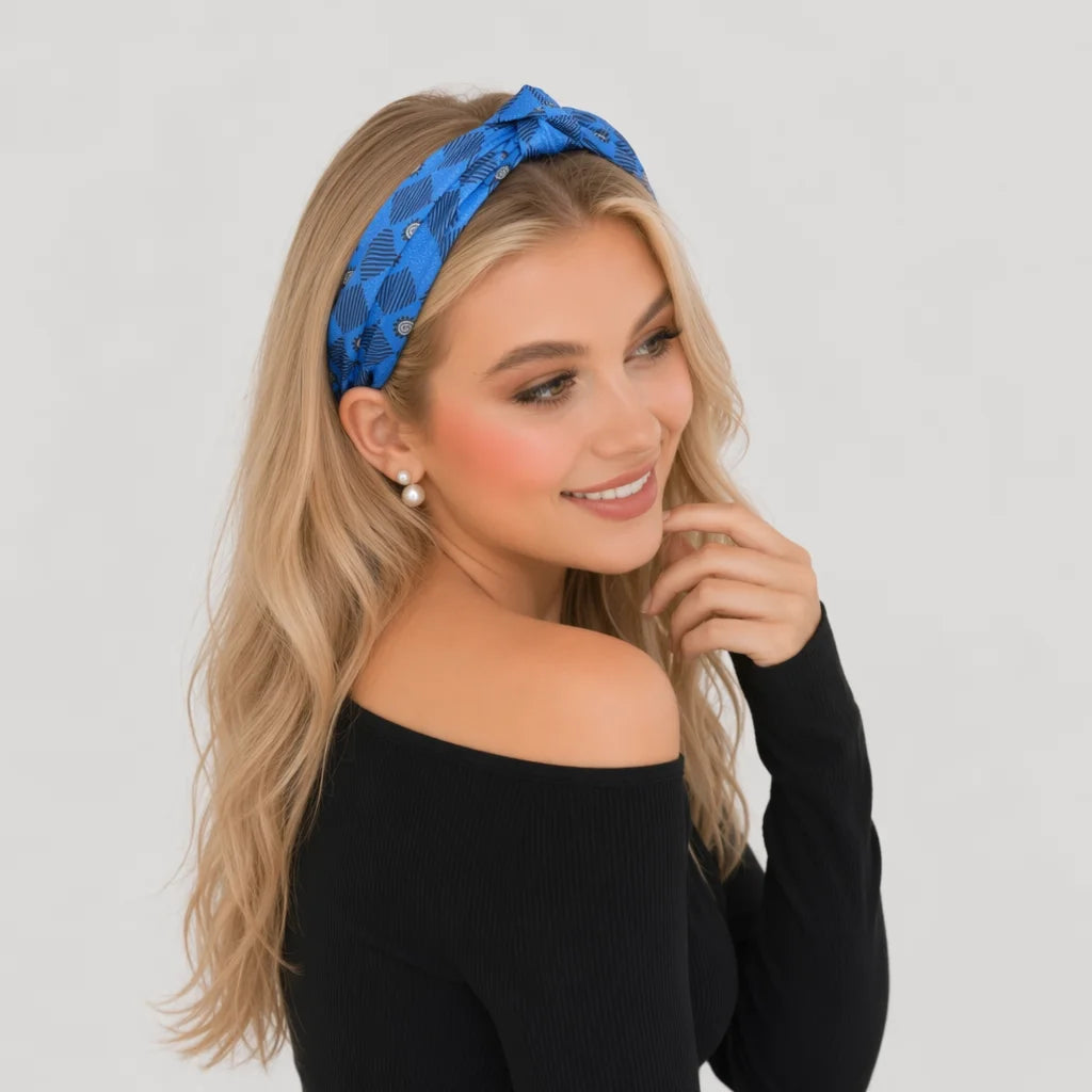 “Maya” Blue Mosaic Knot Style Silk Headband