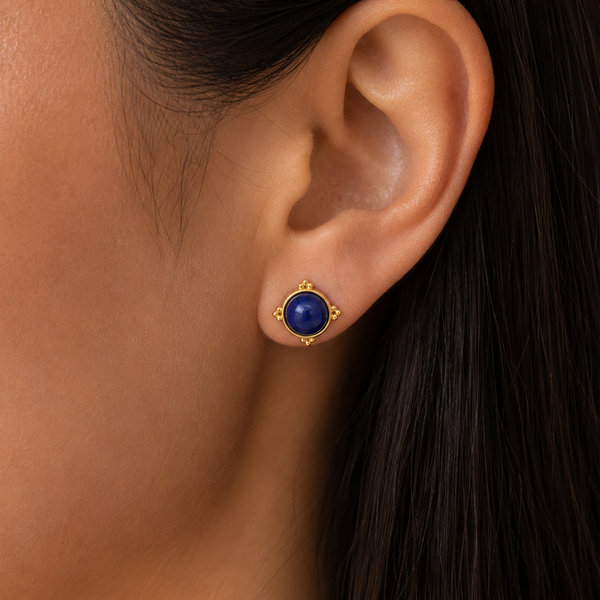 9K GOLD ROUND LAPIS LAZULI EARRINGS