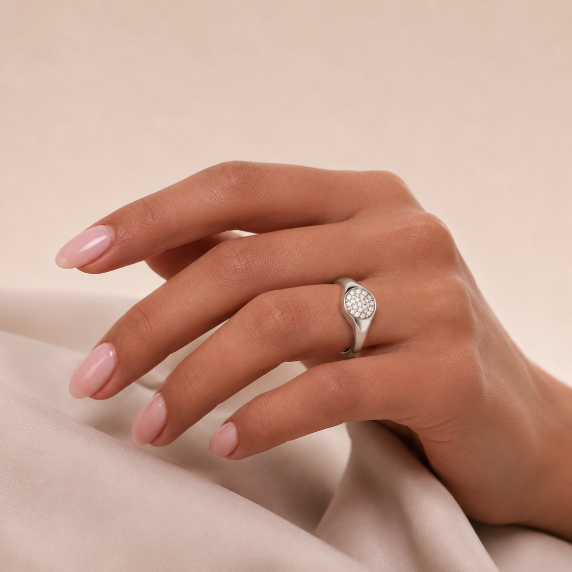 "Bella” Illuminated Full Moon Zirconia Signet Ring (Silver)