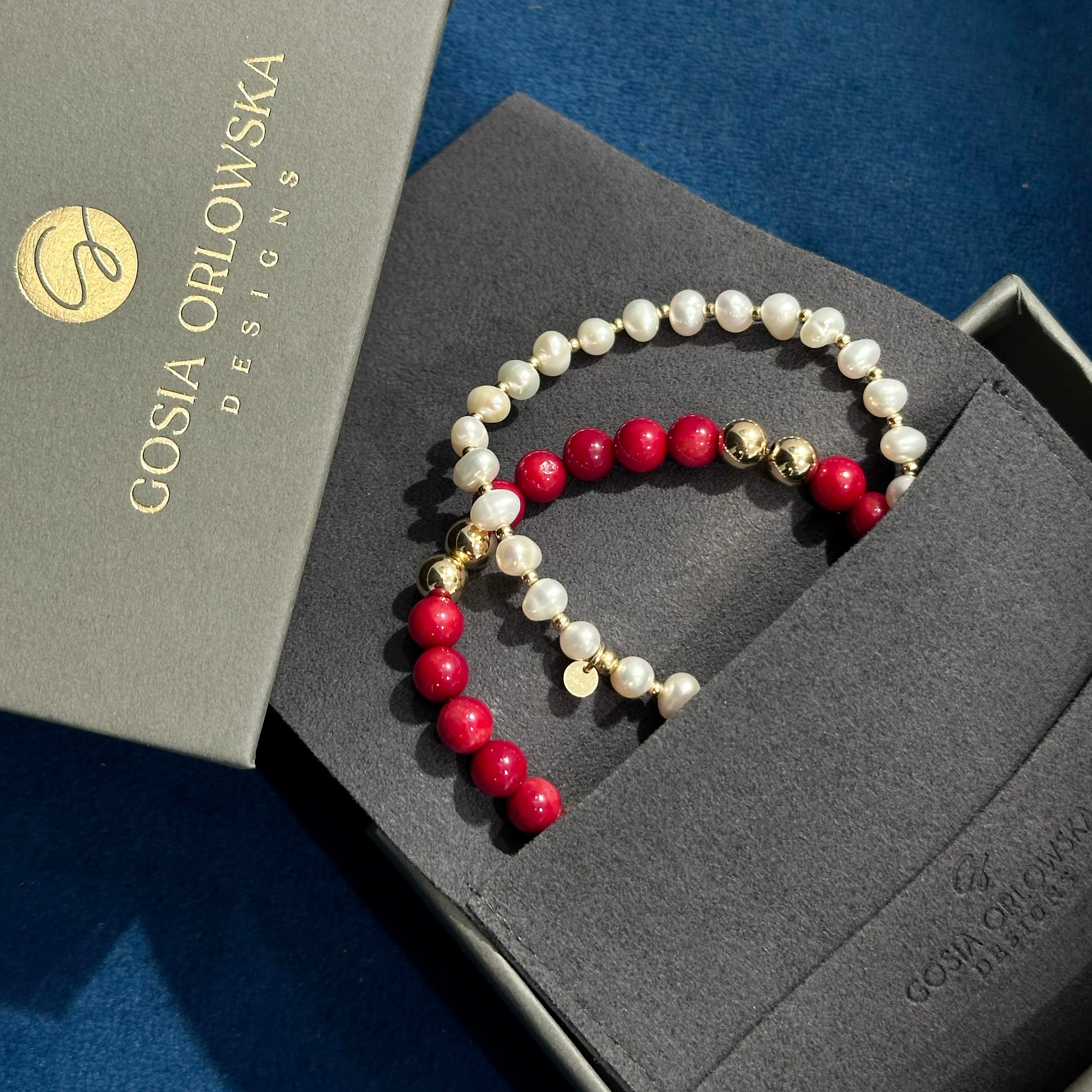 "ELAINE" 6MM RED CORAL ROUND BEAD BRACELET