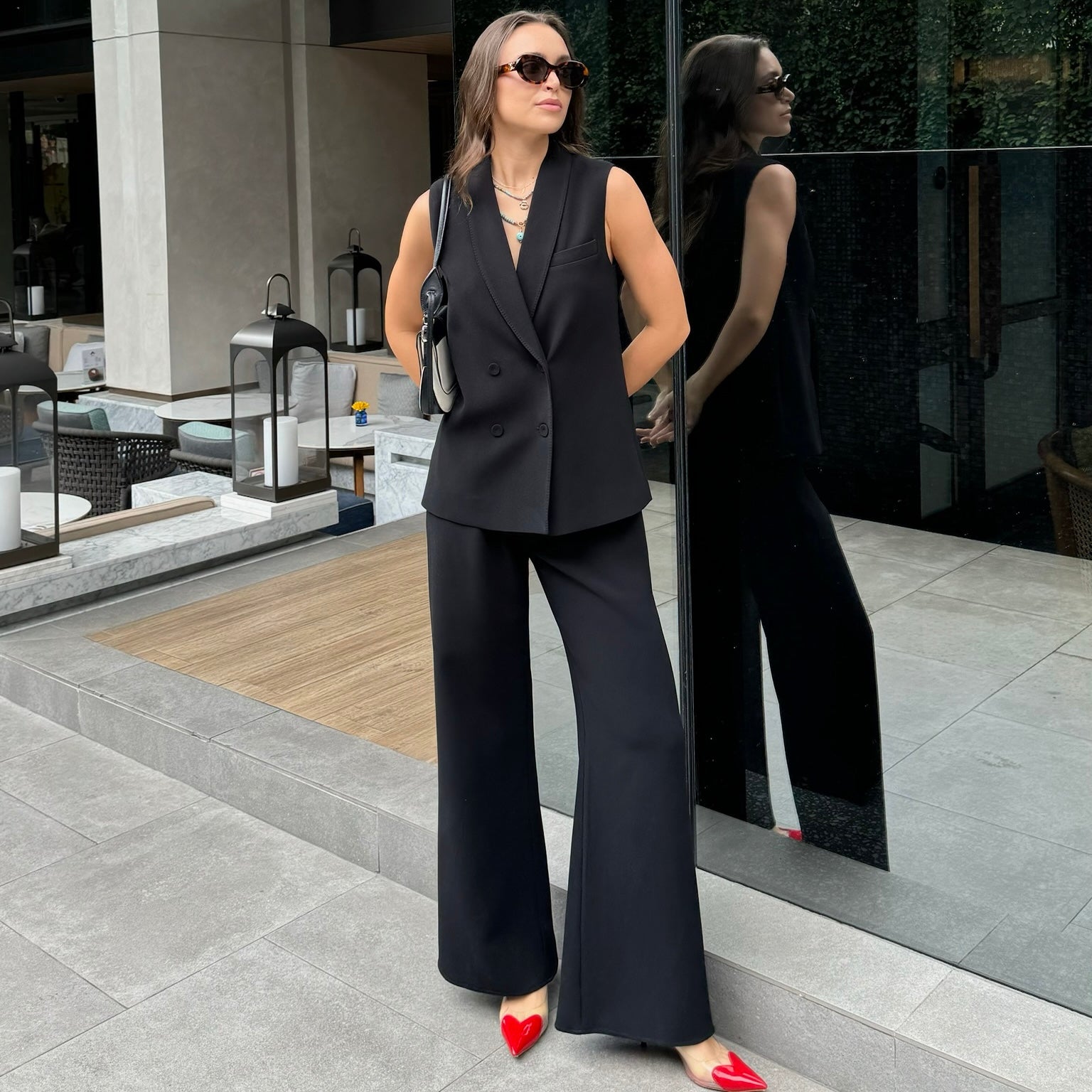 "Lauren" Acetate Pull-Up Style Wide Pants / Black