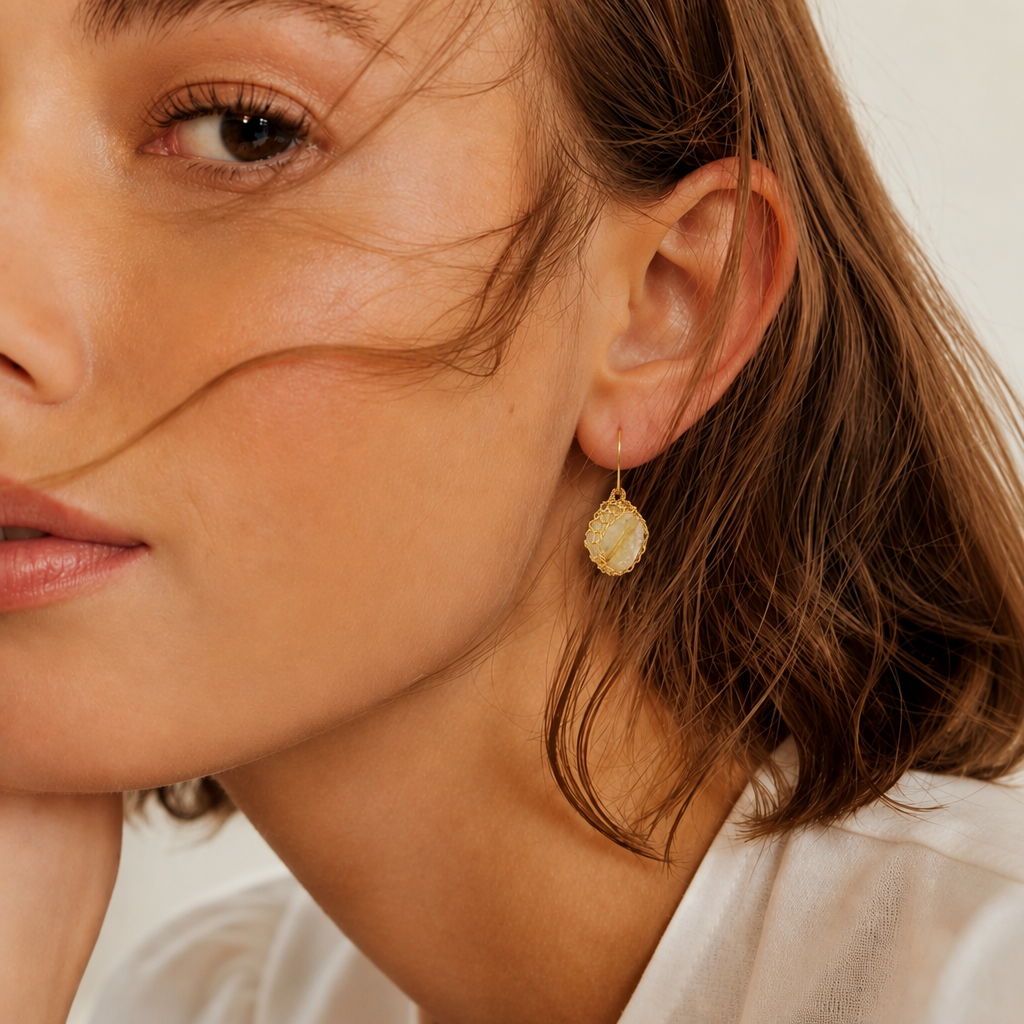 "NATI" GOLDEN RUTILATED Quartz NET DIAMOND EARRINGS