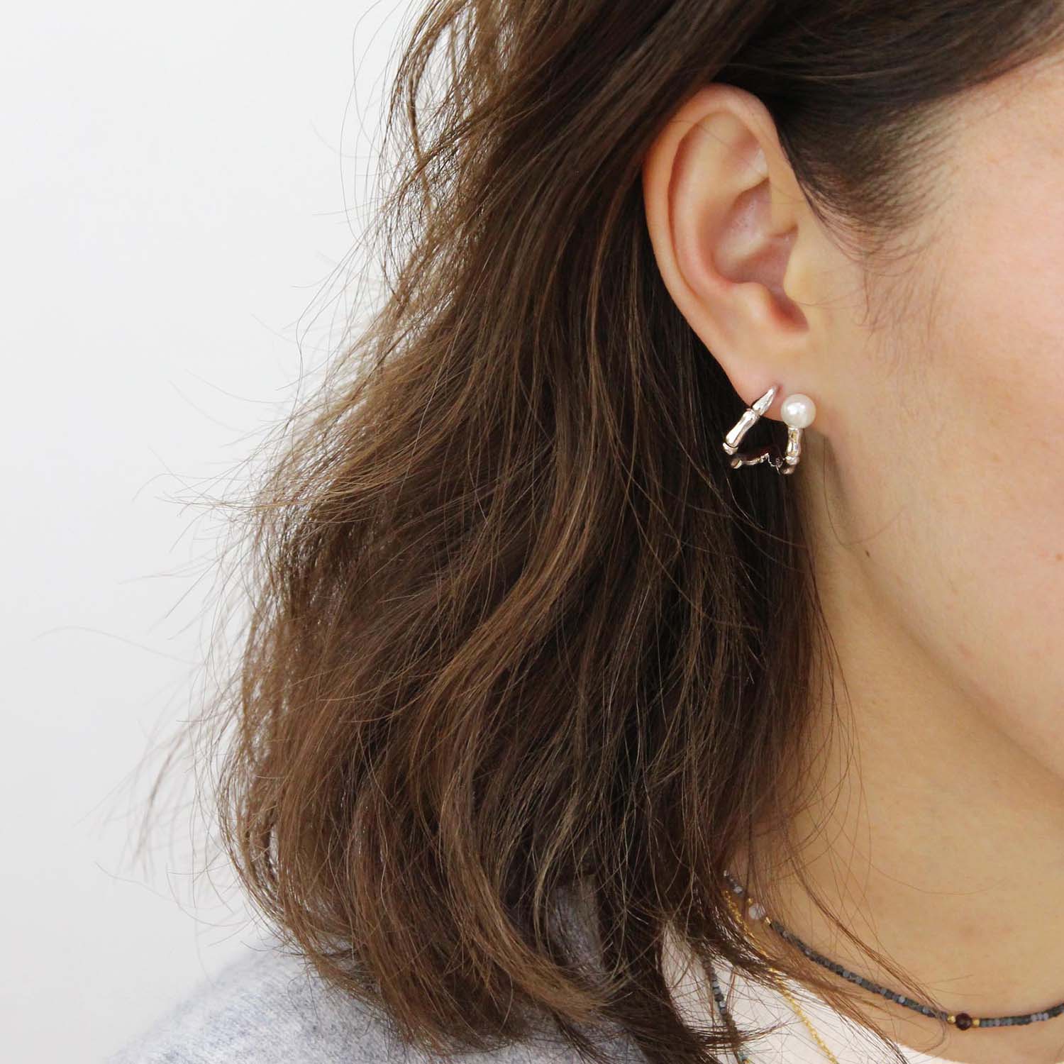 “Pearlie” 925 sterling silver Pearl Bamboo Hoop Earrings