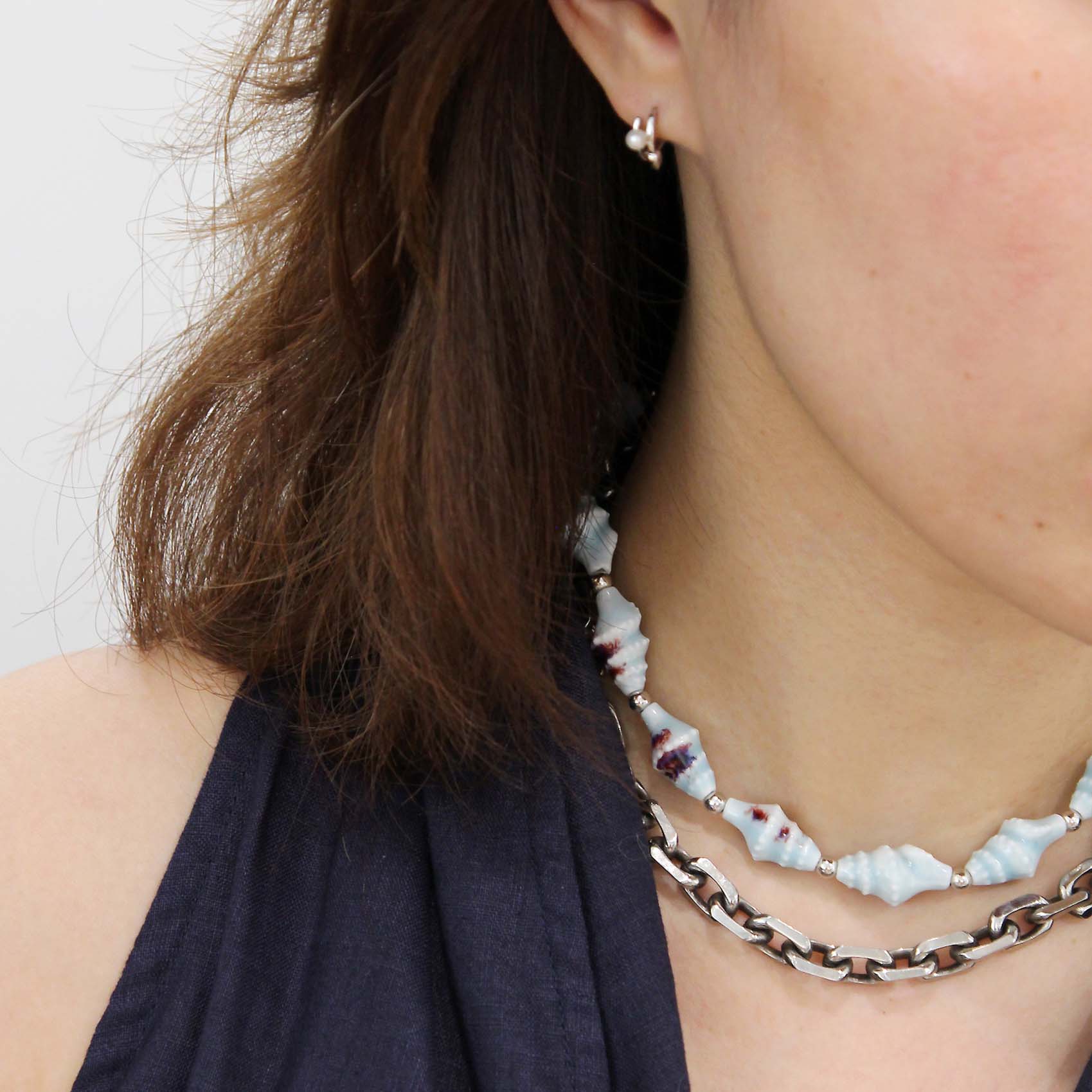 "Thalassa" Ceramic Seashell Silver Beaded Choker