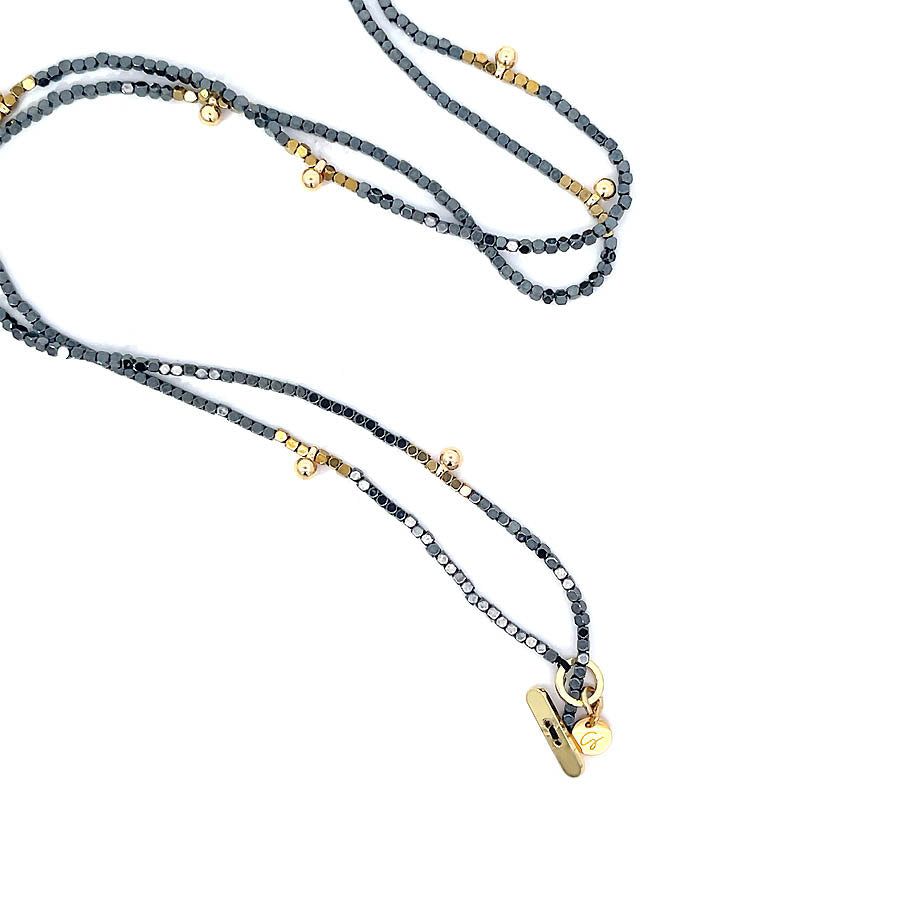 "Esther" Hematite and Round Beads Ultra Long Necklace