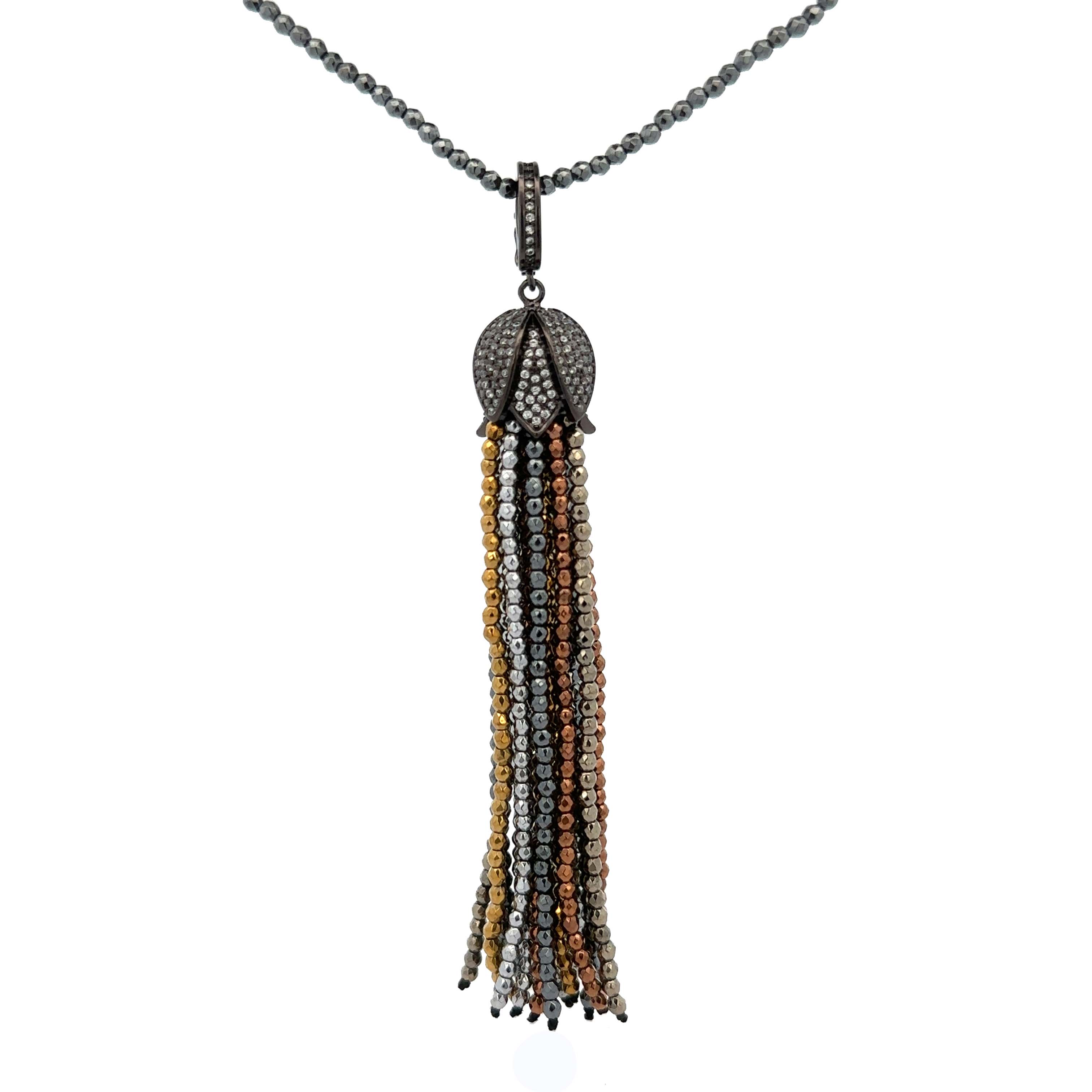 “Hattie” Long Hematite Tassel Necklace