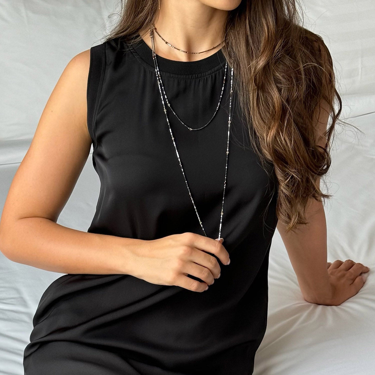 "Twinkle" Black and Silver Hematite and Mixed Stones Long Necklace