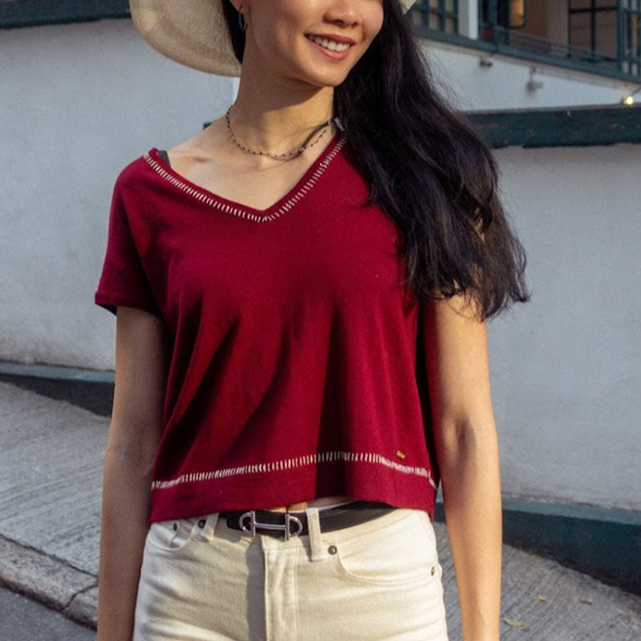 " LARA " V- Neck Knit Crop Top - Pinot Noir