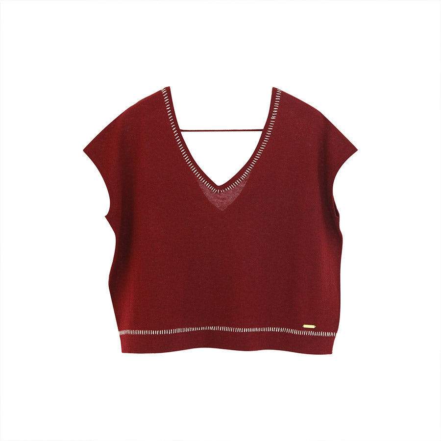 " LARA " V- Neck Knit Crop Top - Pinot Noir