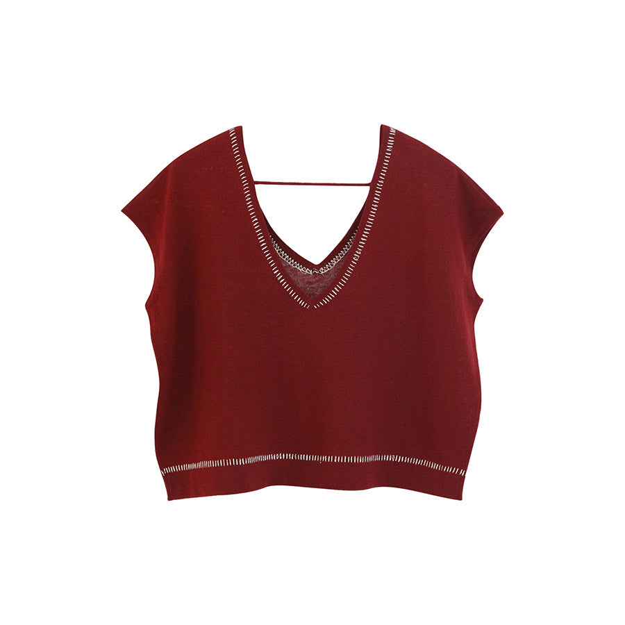 " LARA " V- Neck Knit Crop Top - Pinot Noir