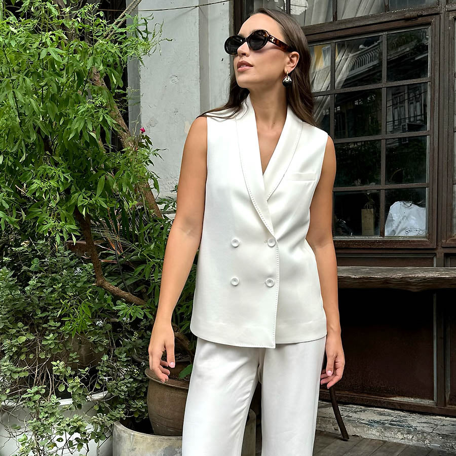 "Lauren" Acetate Long Style Vest / White