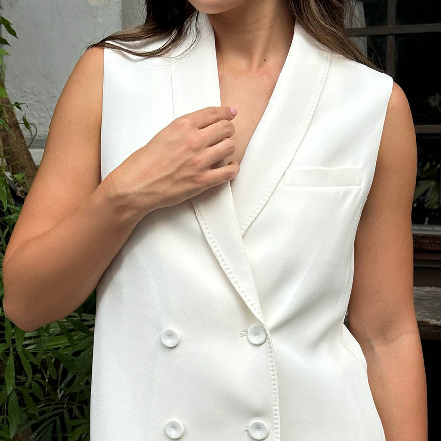 "Lauren" Acetate Long Style Vest / White