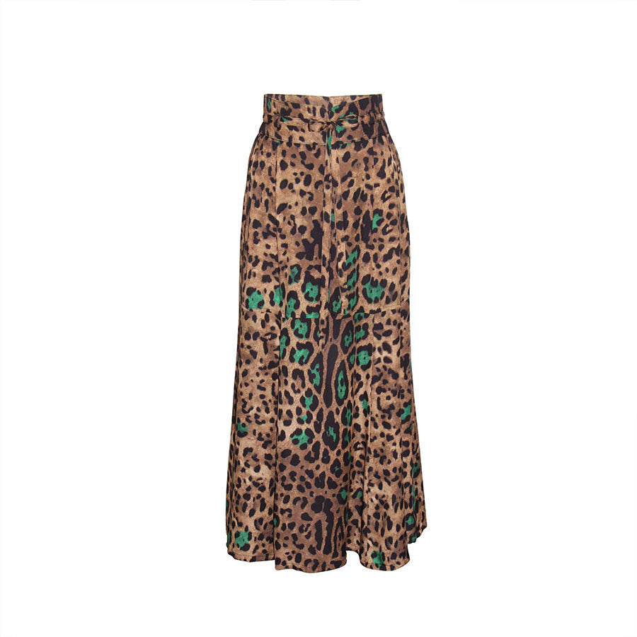 “Lorna” Leopard Print Midi Silk Skirt