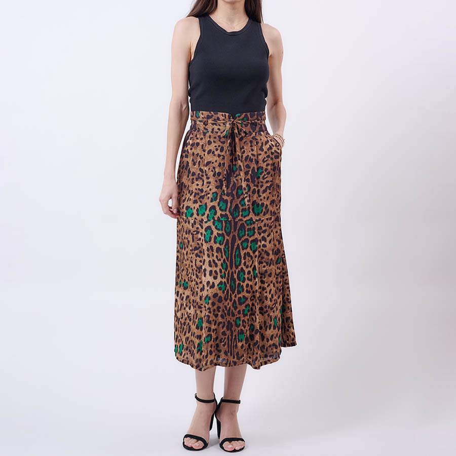 “Lorna” Leopard Print Midi Silk Skirt