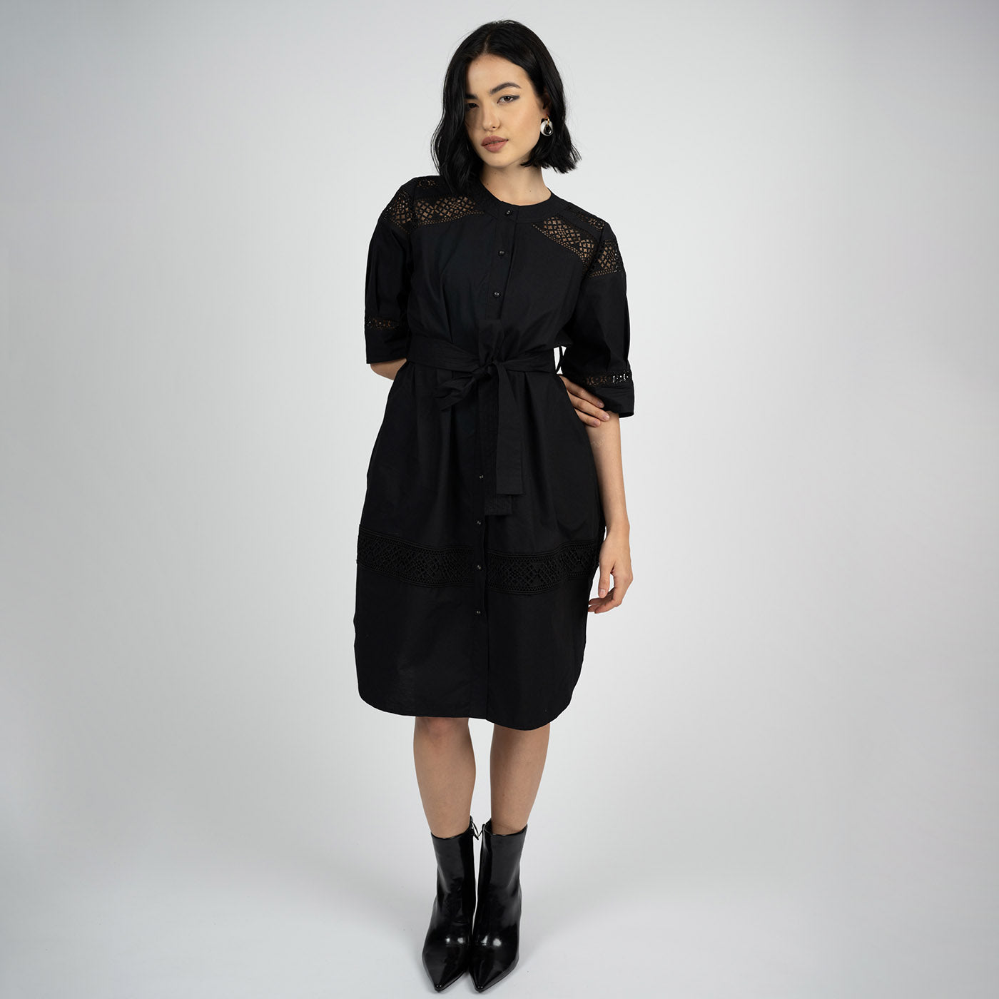 black color Mara” Black, Belted, Lace Dress