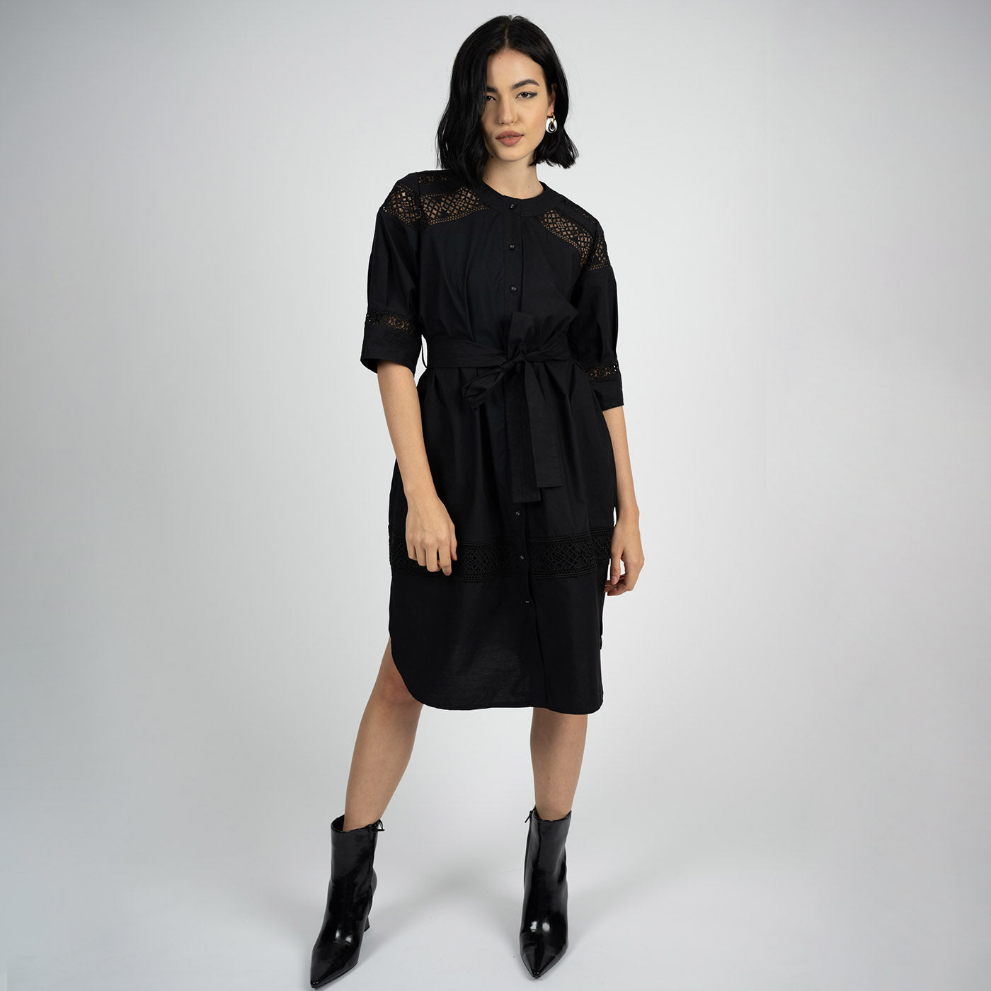 Mara” Black, Belted, Lace Dress