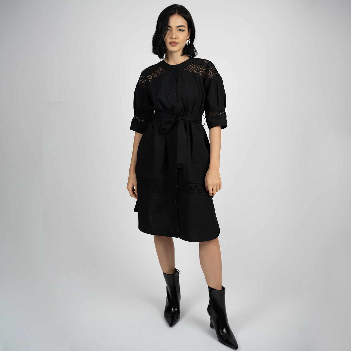 buy women black color Mara” Black, Belted, Lace Dress