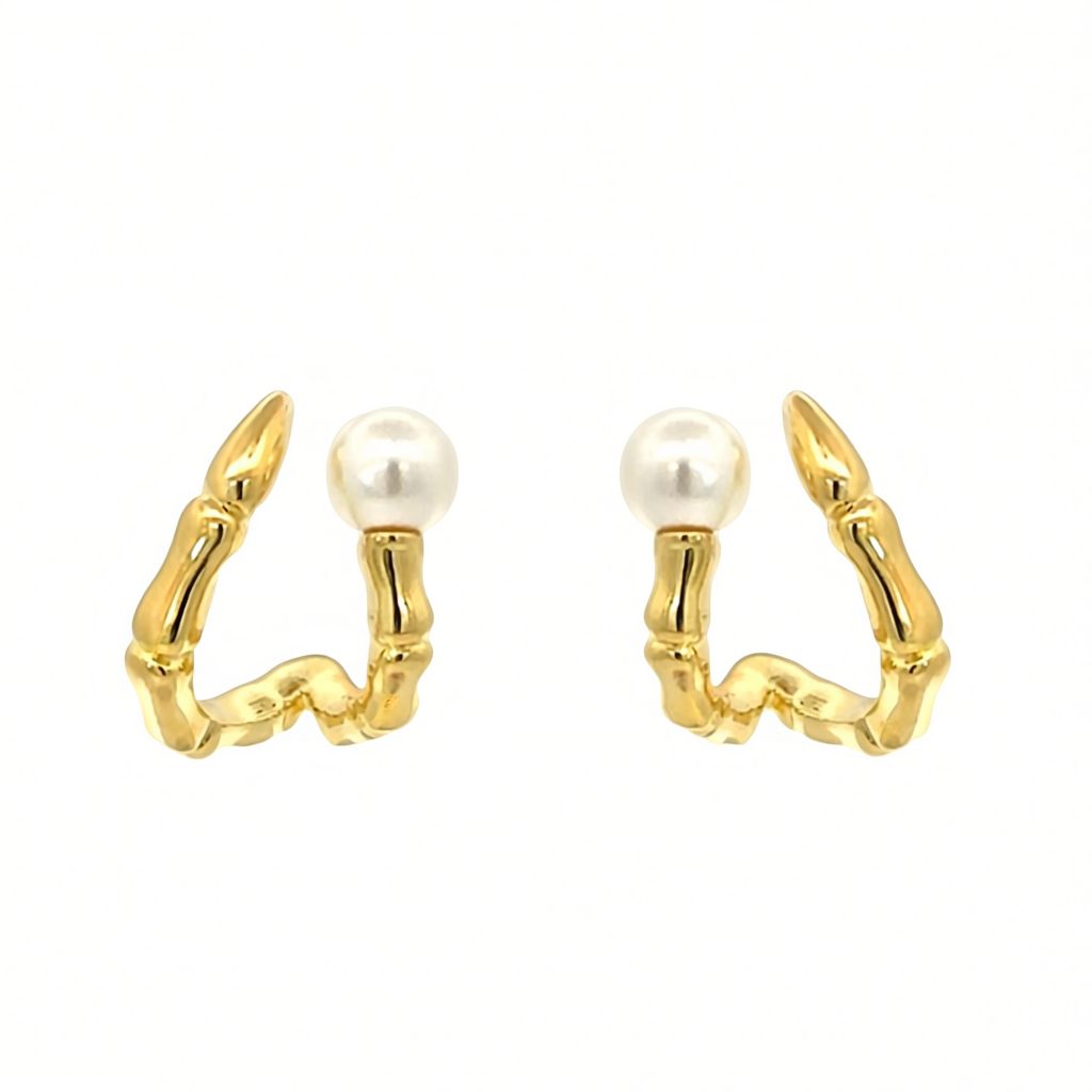 “Pearlie” 925 sterling silver Pearl Bamboo Hoop Earrings