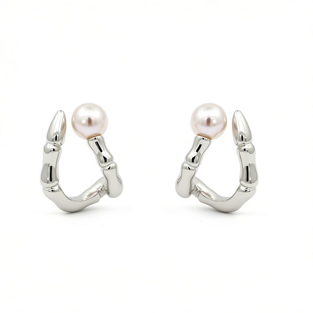 “Pearlie” 925 sterling silver Pearl Bamboo Hoop Earrings
