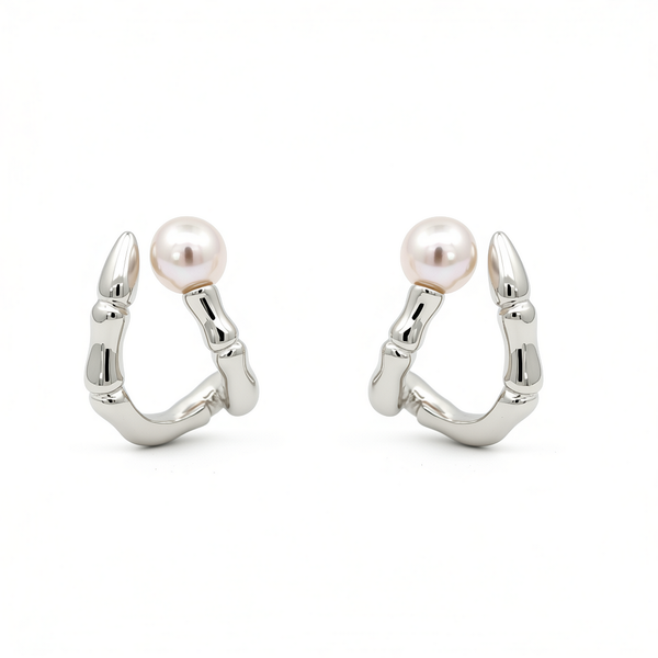 “Pearlie” 925 sterling silver Pearl Bamboo Hoop Earrings