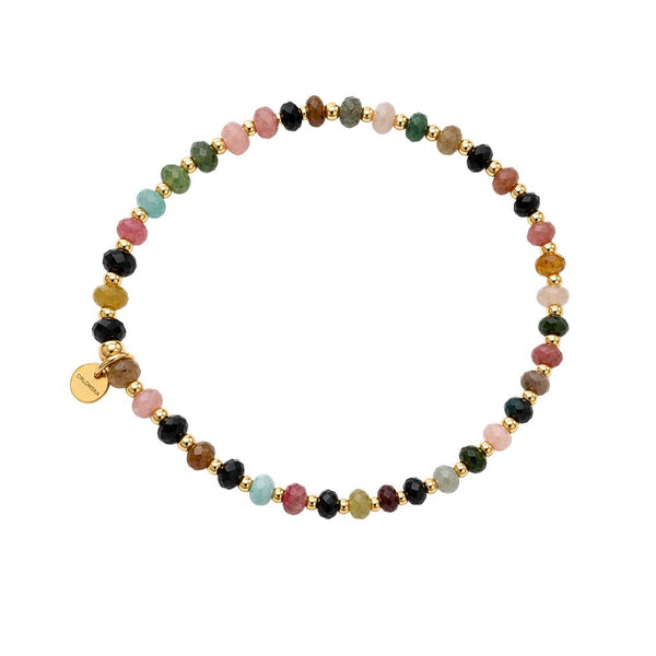 A beaded stretch bracelet featuring a variety of colorful gemstone beads in pink, green, black, brown, and light blue, separated by small gold spacer beads, with a small round gold tag on one side, shown on a plain white background.