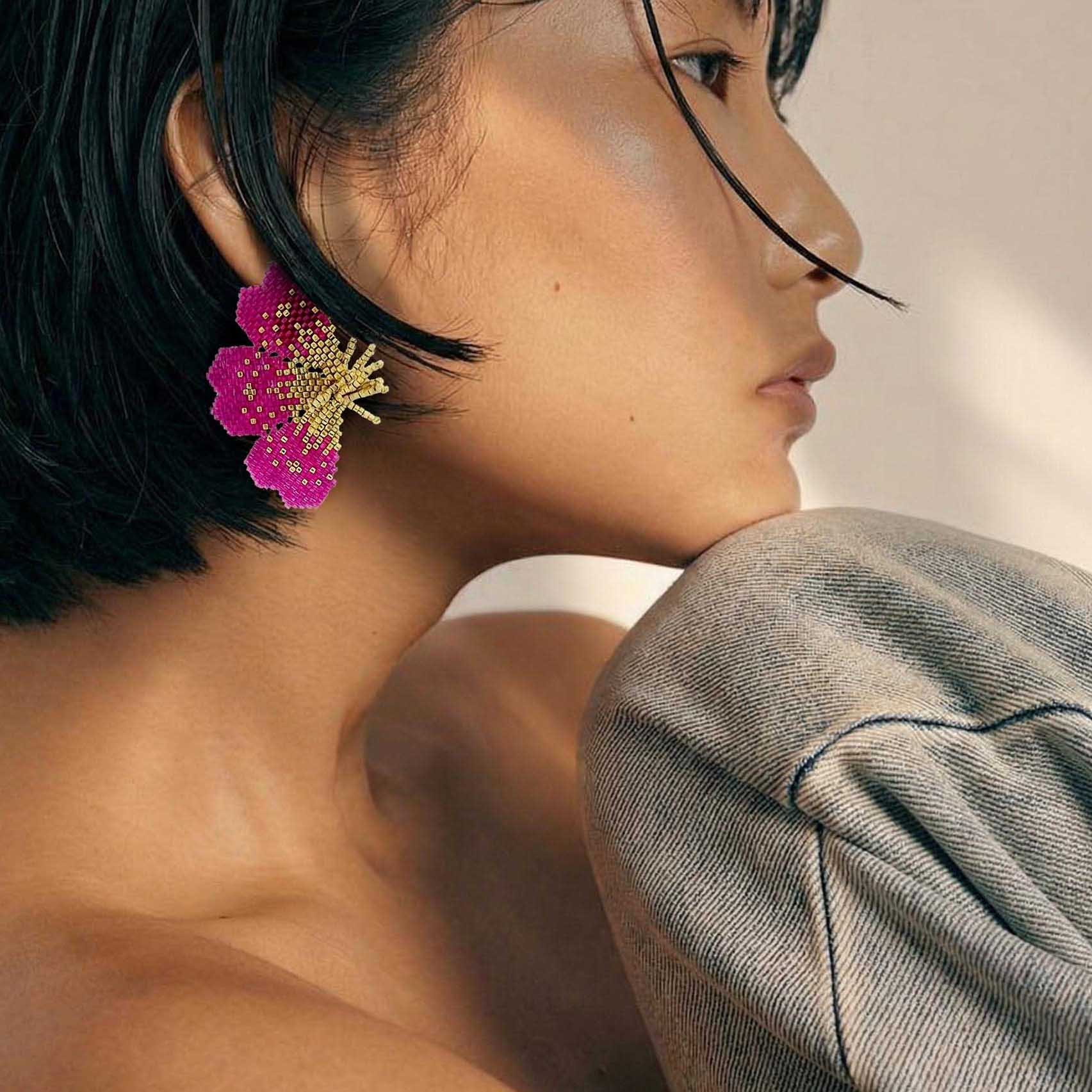 "Nola" beaded fuscia butterfly earrings