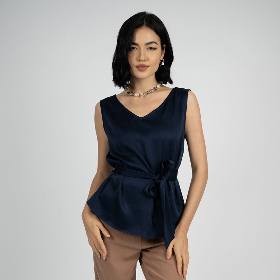 "Amelia" Acetate Sleeveless Blouse / Navy Blue