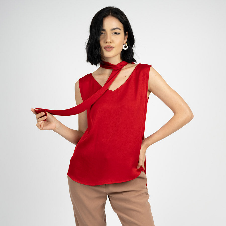 "Amelia" Acetate Sleeveless Blouse / Red