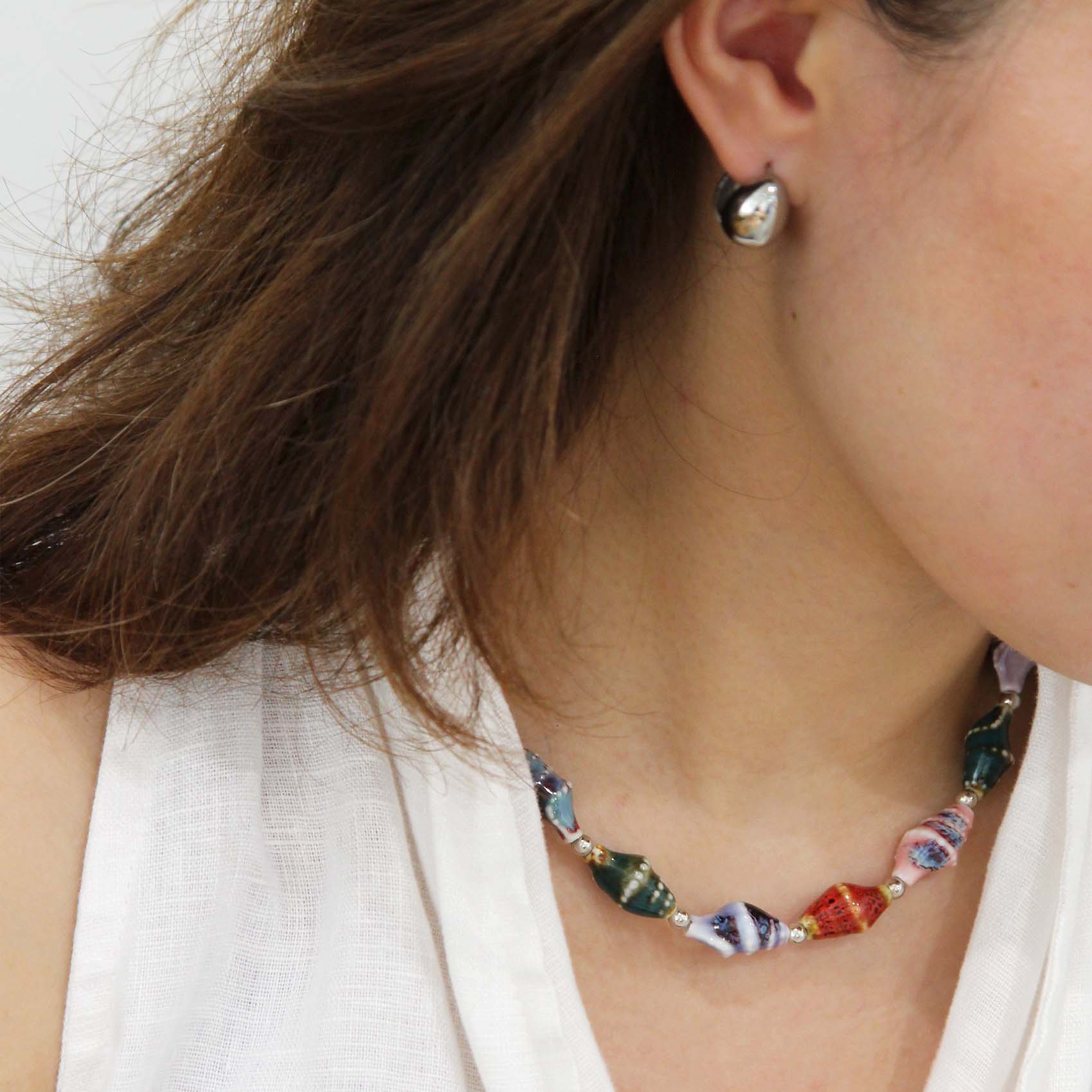 "Thalassa" Ceramic Seashell Silver Beaded Choker