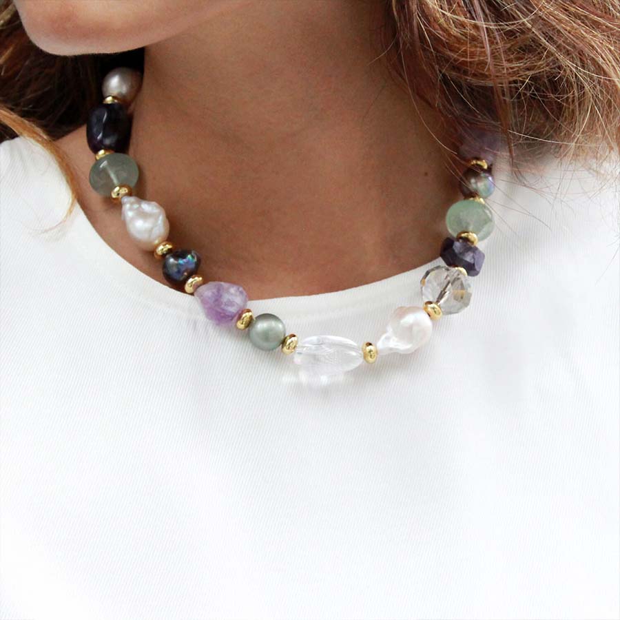 “Muse Beauty" Swarovski and Baroque Pearl, Crystal & Gemstones Necklace