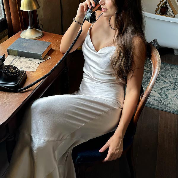 "ANIA" TEXTURED ACETATE LONG DRESS - SILVER GREY