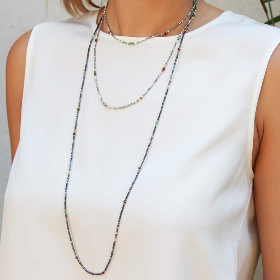 "Twinkle" Silver Hematite and Mix Stones Long Necklace