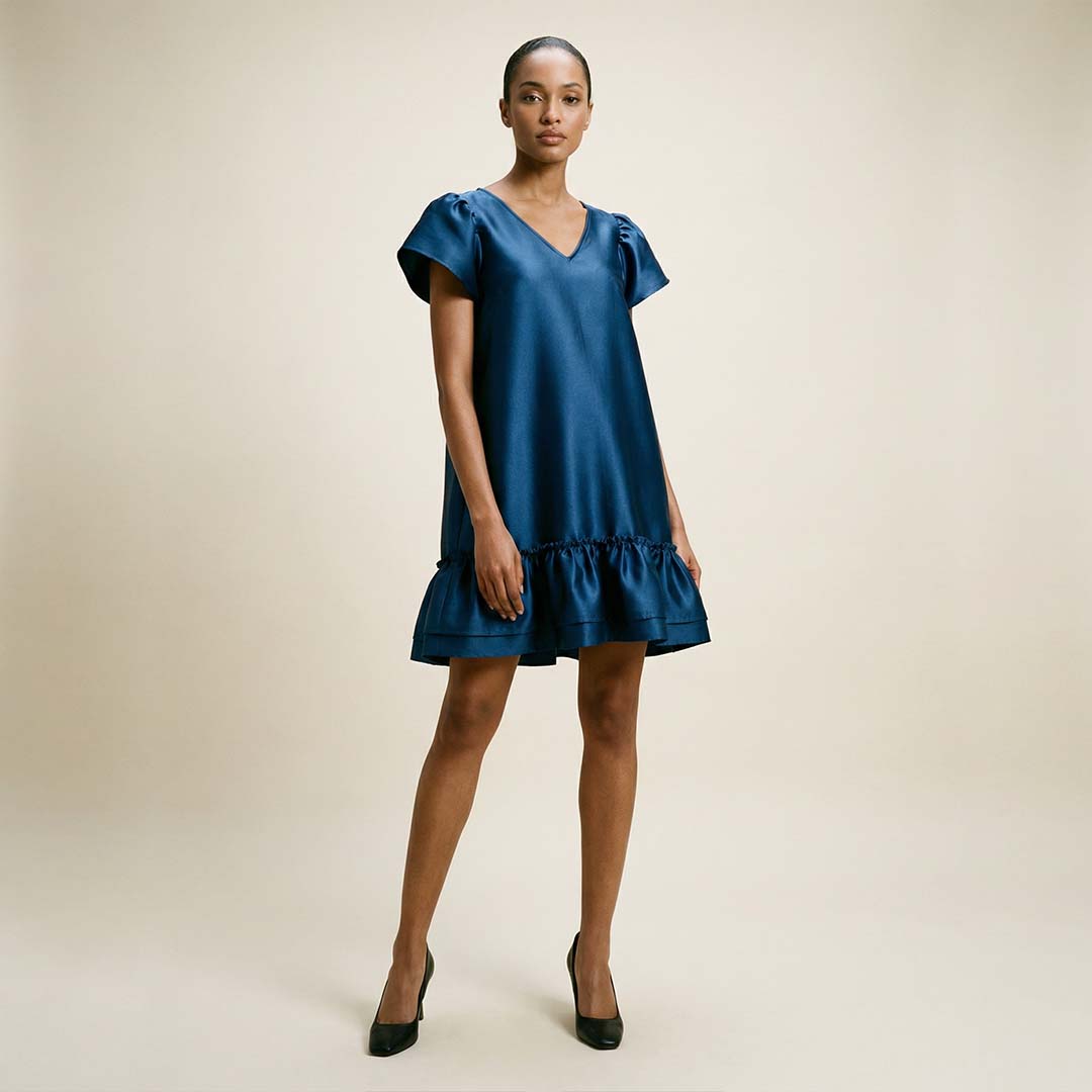 “Sofie” Organza Mini Dress / Steel blue
